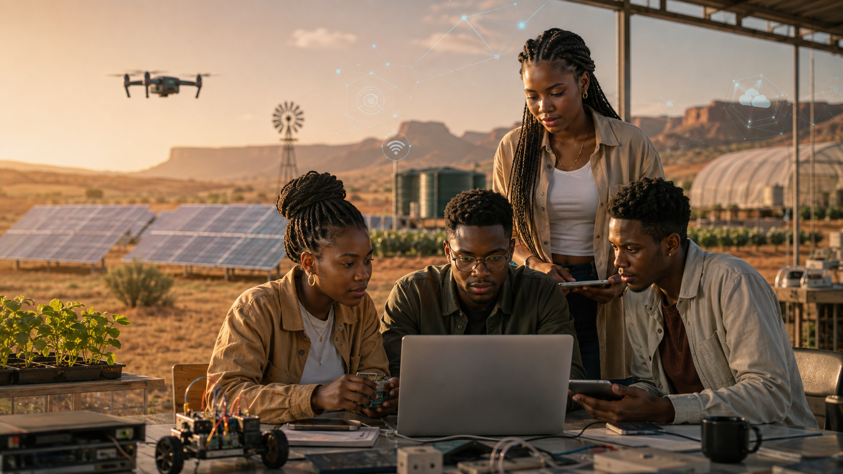 A team working on a laptop and a small robotics rig at a field site, with solar panels and a windpump behind them